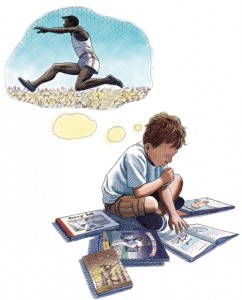 boy reading and dreaming about running and racing